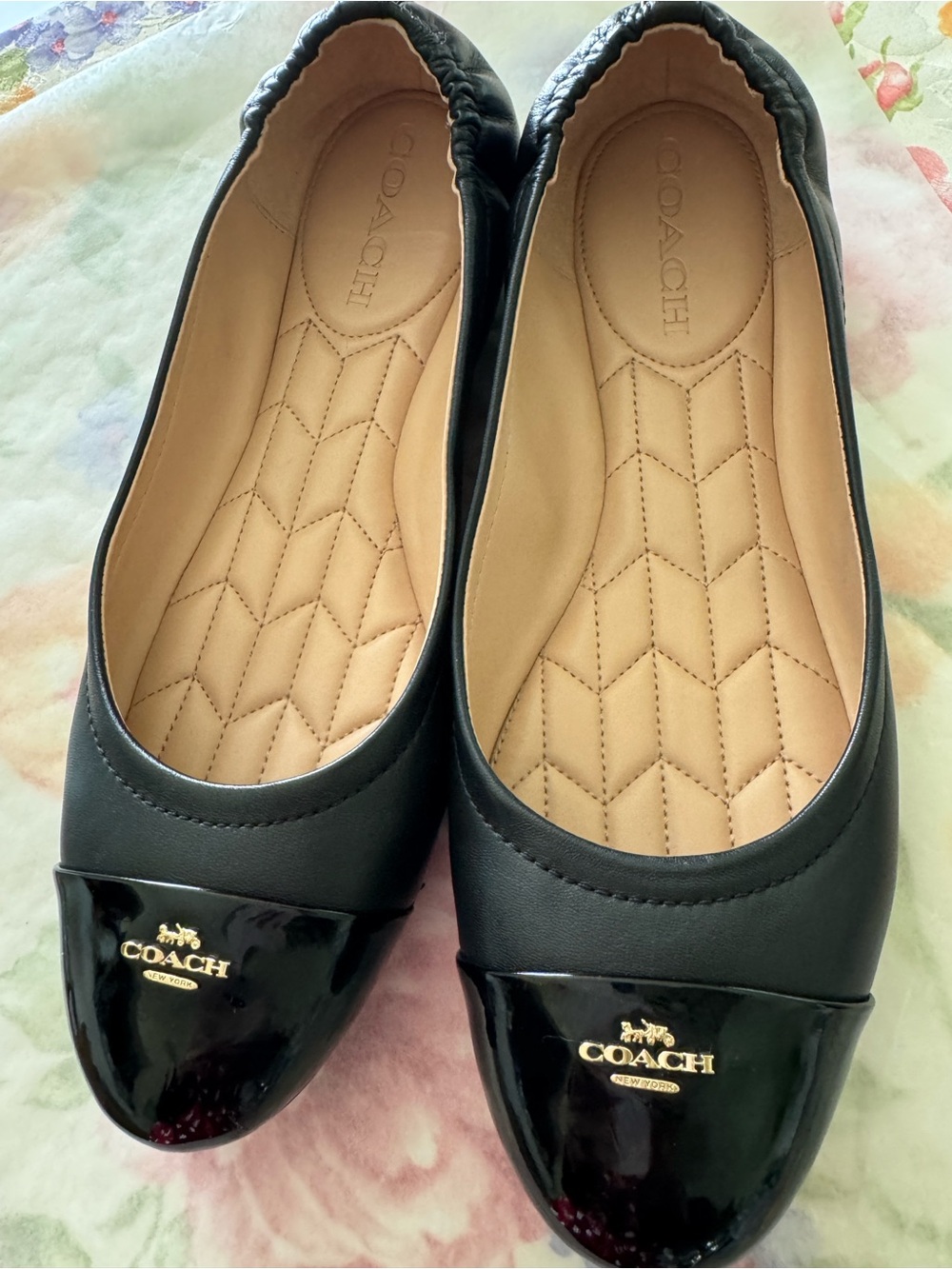 Coach Black Leather Ballet Flats with Gold Logo Cap Toe